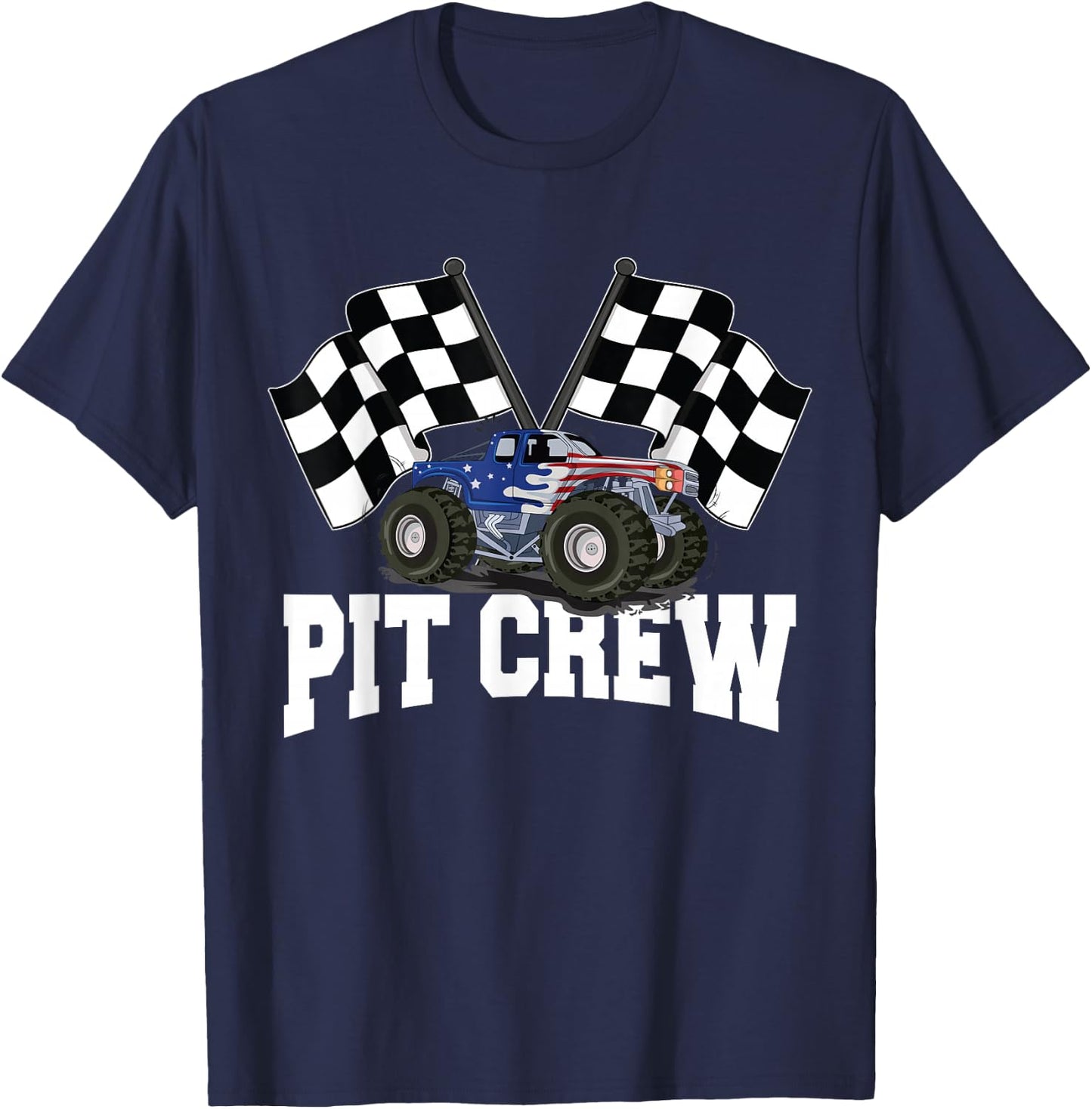 Pit Crew USA Monster Truck Racing Party And Checked Flag T-Shirt - T-Shirt | Navy
