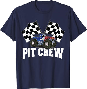 Pit Crew USA Monster Truck Racing Party And Checked Flag T-Shirt - T-Shirt | Navy