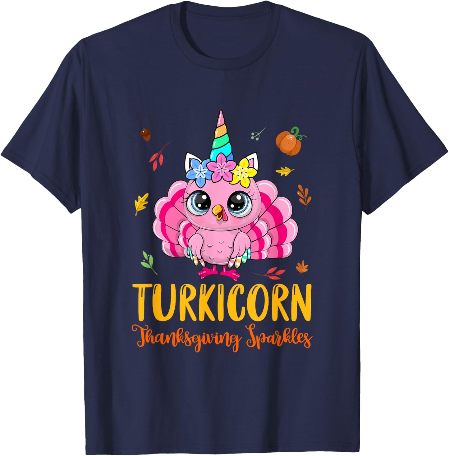 Cute Unicorn Turkey Funny Thanksgiving Turkicorn Girl Kids T-Shirt - T-Shirt | Navy