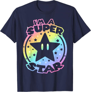 Super Mario World I'm A Super Star Neon Rainbow Fade Logo T-Shirt - T-Shirt | Navy