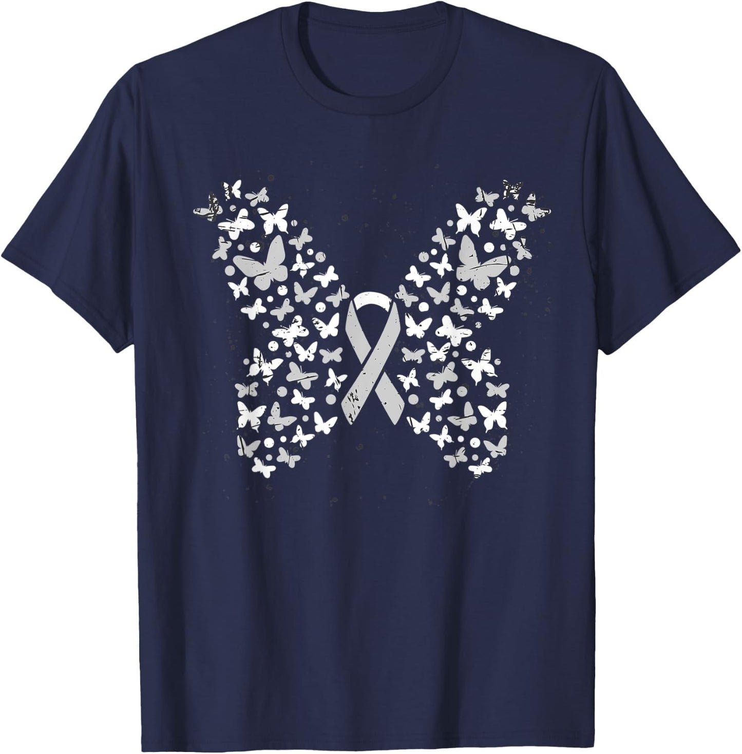 White Ribbon Cancer Warrior Butterfly Lung Cancer Awareness T-Shirt - T-Shirt | Navy
