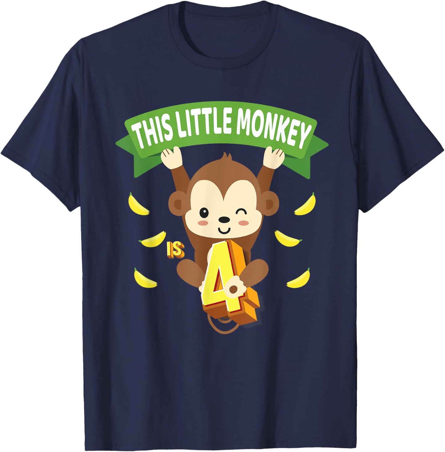 This Little Monkey Is 4 Years Old Kid 4th Birthday Monkeys T-Shirt - T-Shirt | Navy