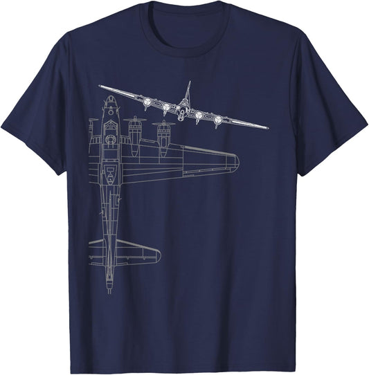 B-17 Flying Fortress WWII Bomber Line Art T-Shirt - T-Shirt | Navy