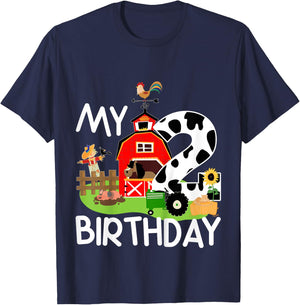 2nd Birthday Shirt Farm Tractor Pig Horse Cow Chicken Cat Girls Kids T-Shirt - T-Shirt | Navy