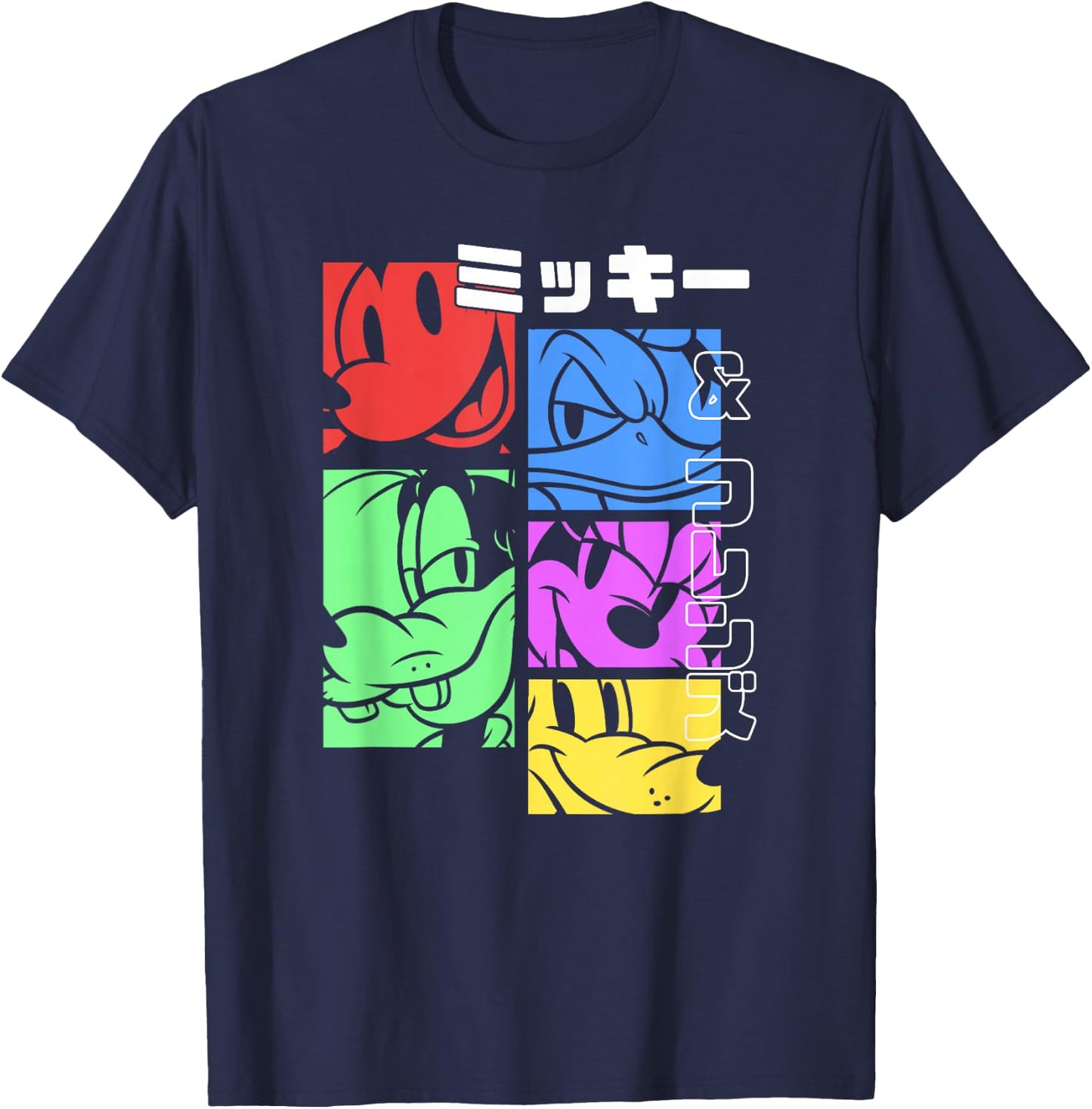 Disney Mickey and Friends Pop Character Panels Katakana T-Shirt - T-Shirt | Navy