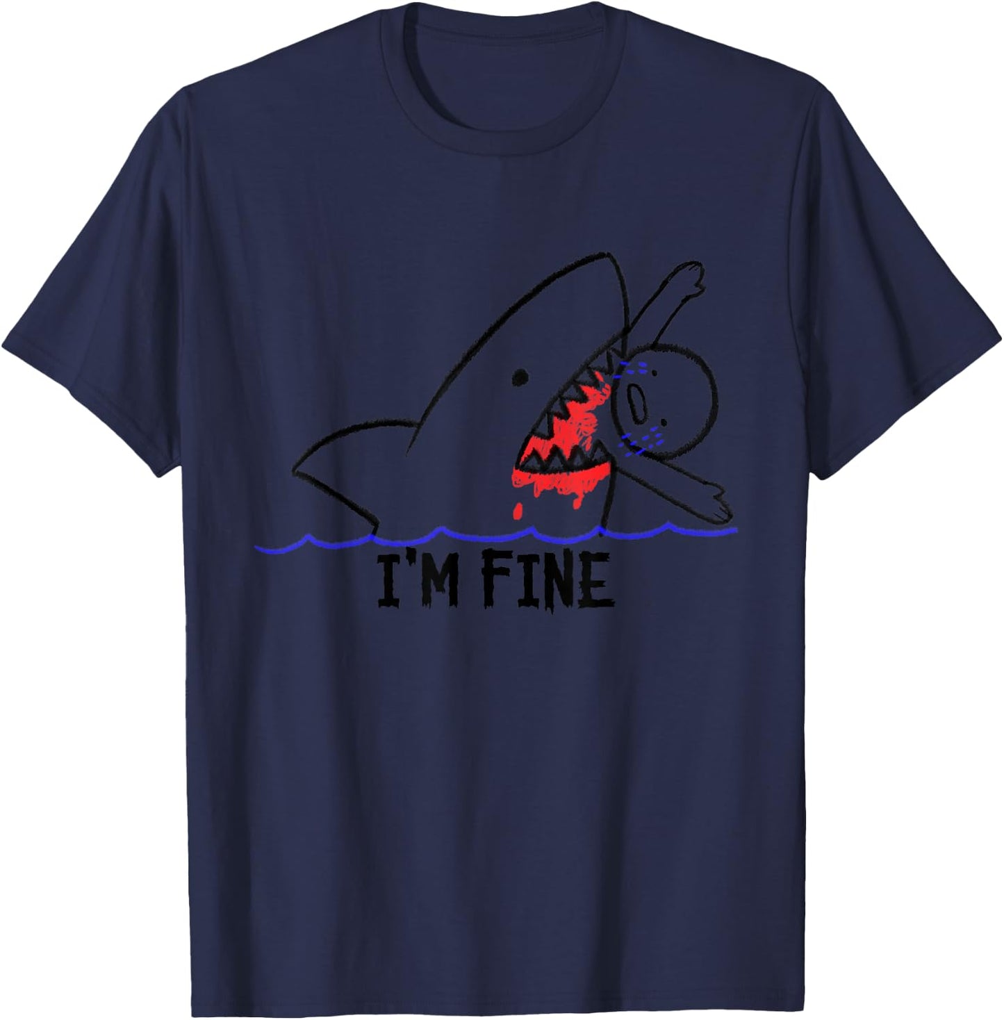 I'm Fine Shark Attack Bloody Funny Man Eating Stick Person T-Shirt - T-Shirt | Navy