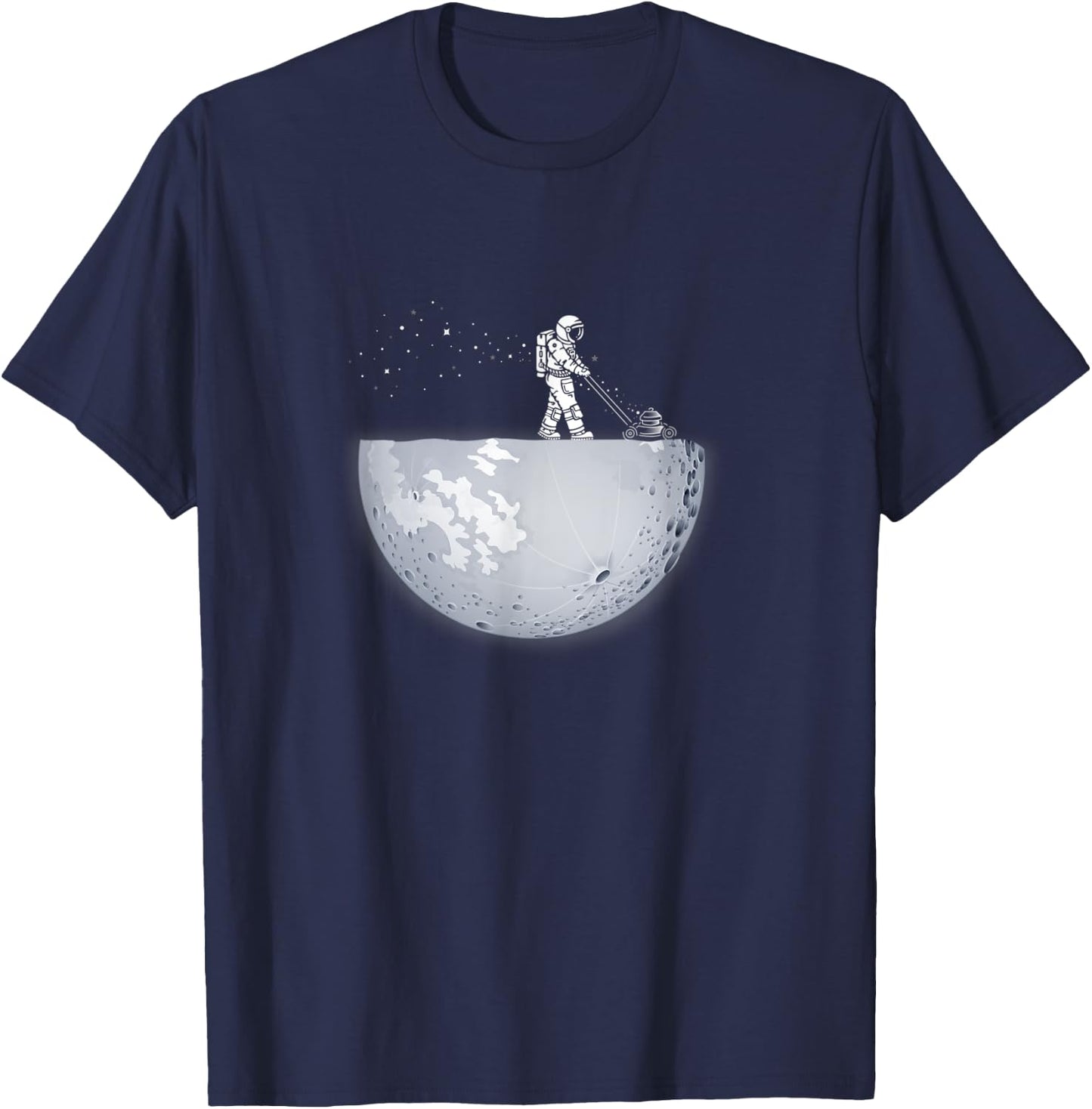 Spaceman mowing the moon with stars gardener, cool space T-Shirt - T-Shirt | Navy