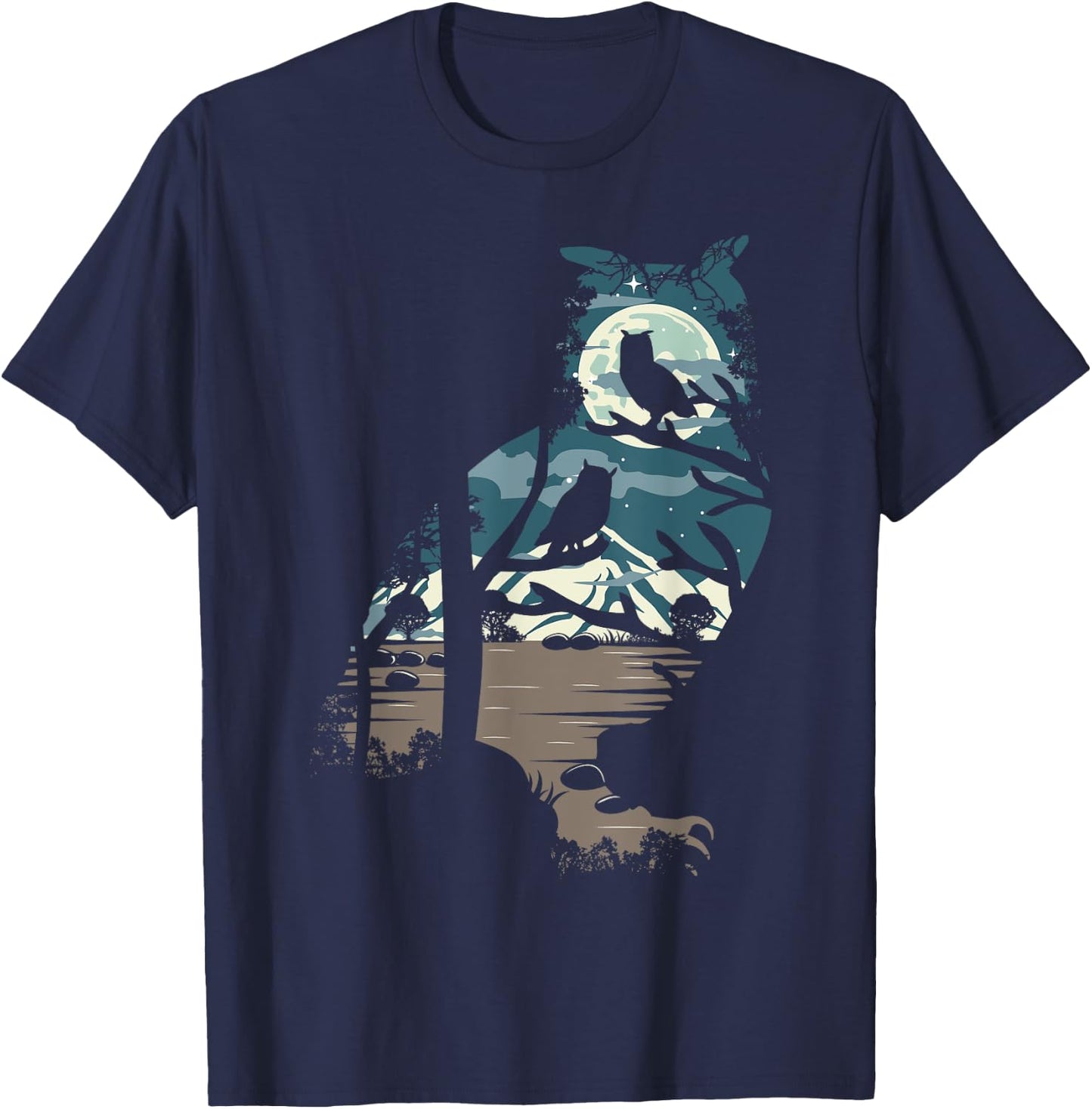 Nature Moon Mountain Tree at Night - Owl T-Shirt - T-Shirt | Navy