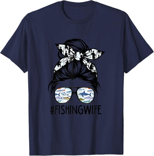 ROV Cute Messy Bun Fishing Wife Husband Fishman T-Shirt - T-Shirt | Navy