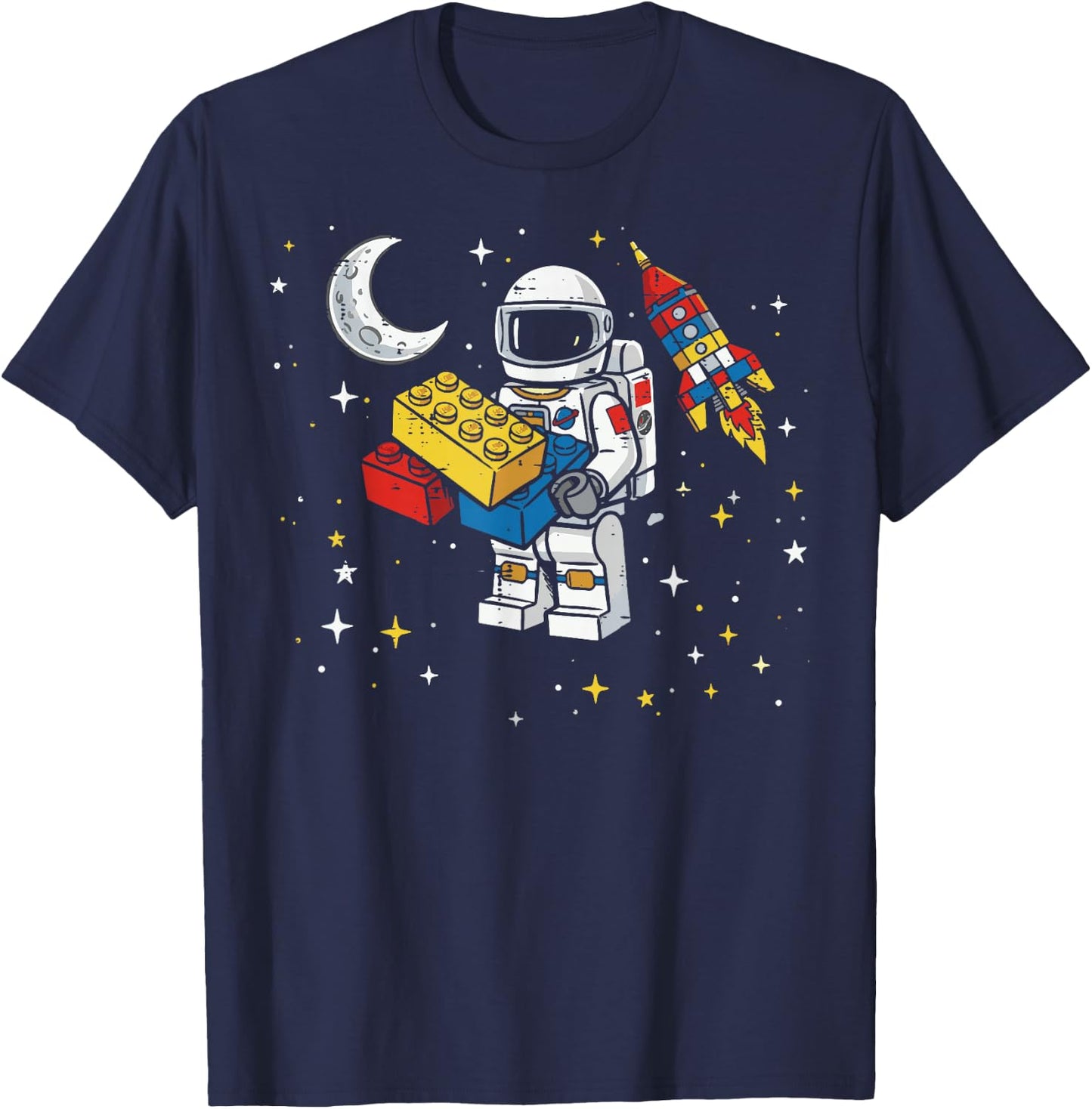 Astronaut Building Blocks Space Shuttle Bricks Boys Kids T-Shirt - T-Shirt | Navy