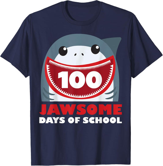 Jawsome Shark 100 Days Of School Shirt Teacher Boy Girl Gift T-Shirt - T-Shirt | Navy