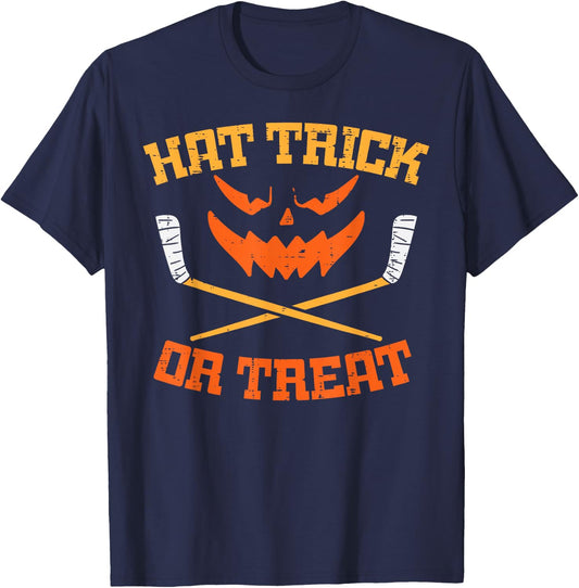 Hat Trick Or Treat Ice Hockey Halloween Boy Men Player Coach T-Shirt - T-Shirt | Navy