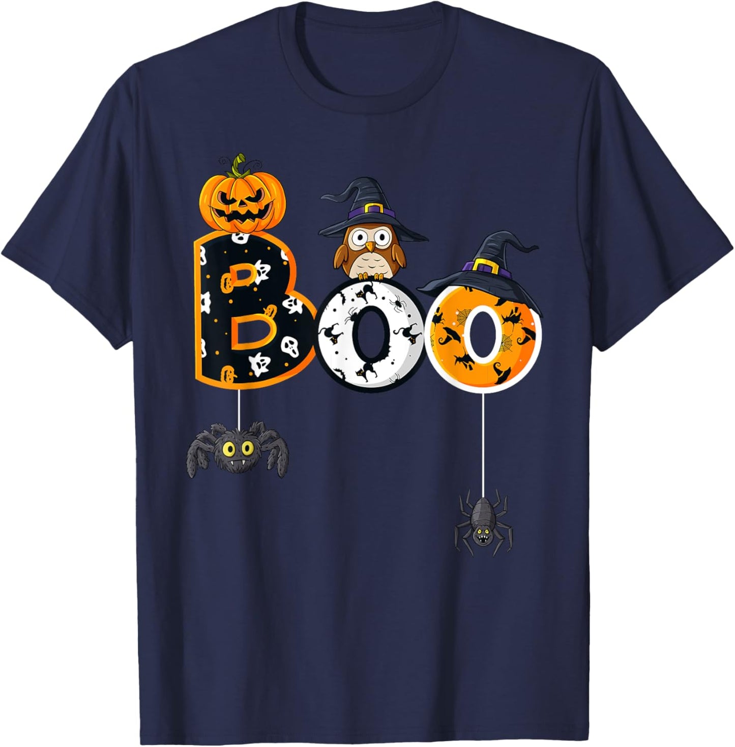 Halloween Boo Owl With Witch Hat Spiders Boys Girls Kids T-Shirt - T-Shirt | Navy