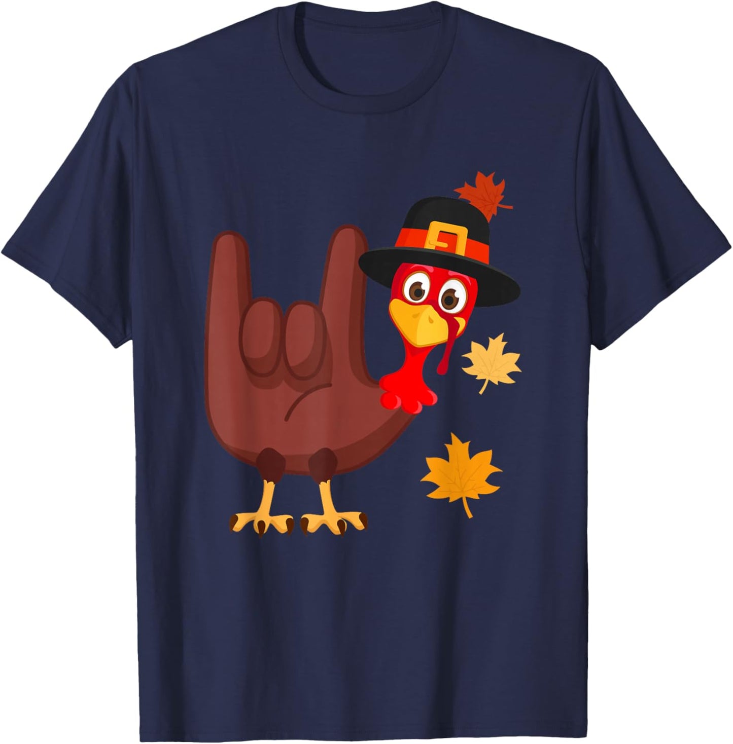 Zone - 365 Thanksgiving ASL Funny Turkey -Adults Black Modern Cartoon T-Shirt - T-Shirt | Navy