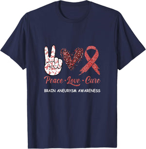 Brain Aneurysm Awareness Peace Love Cure Leopard T-Shirt - T-Shirt | Navy