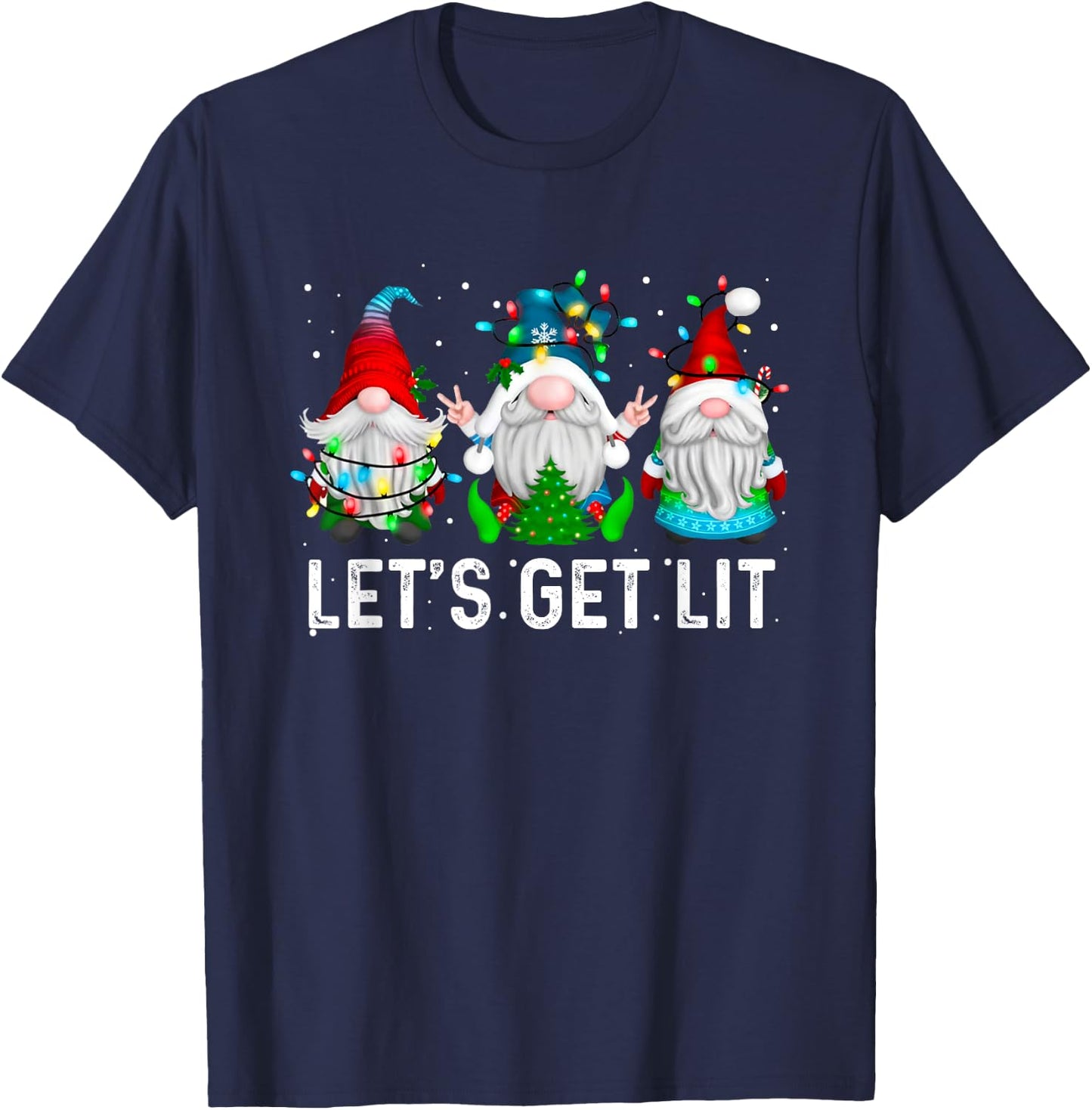 Let's Get Lit Funny Gnome Christmas Drinking Xmas Lights T-Shirt - T-Shirt | Navy