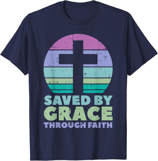 Cross Saved By Grace God Jesus Christian Men Women Kids T-Shirt - T-Shirt | Navy
