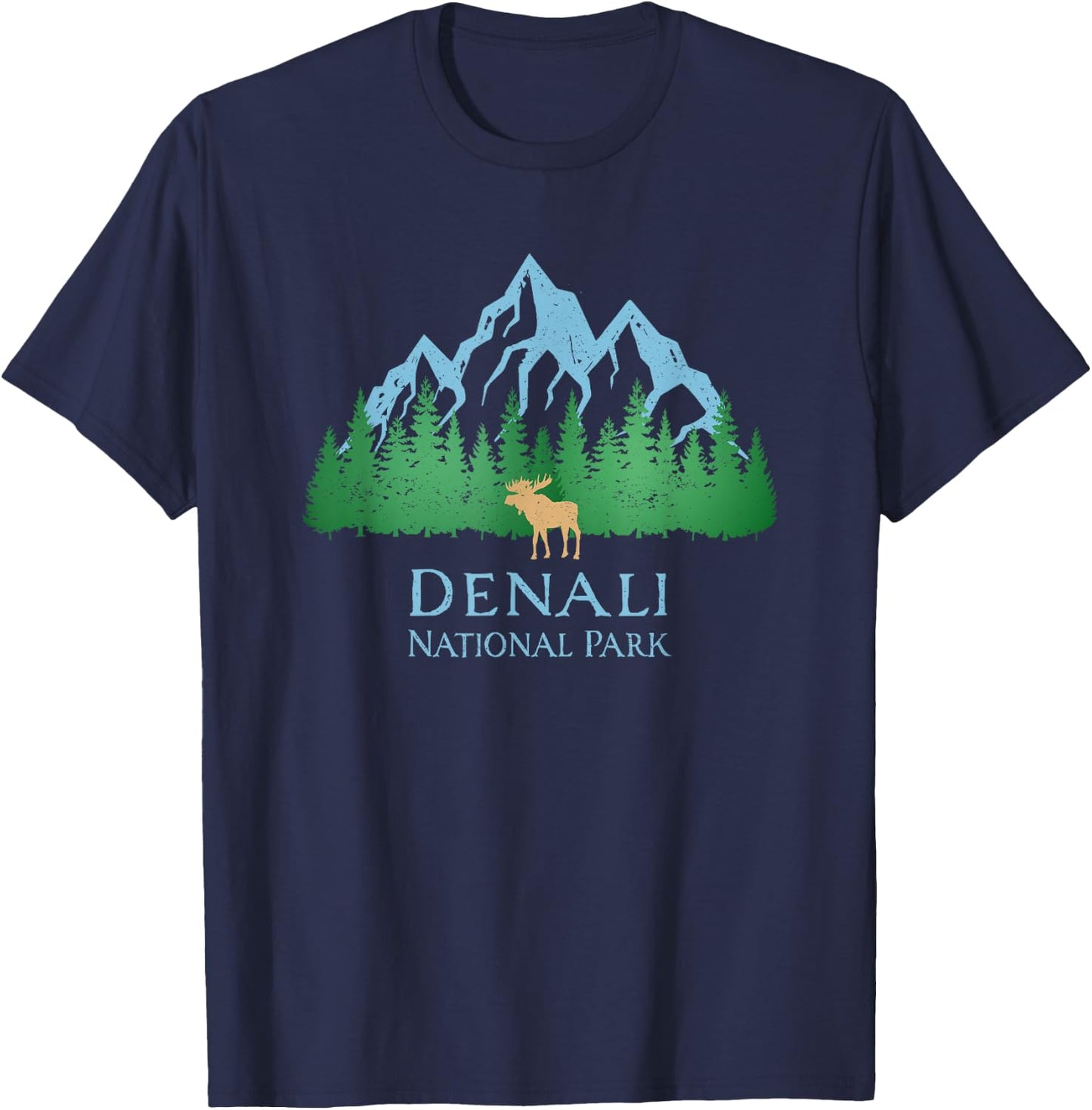 Denali National Park Alaska Mountain Trees Moose Souvenir T-Shirt - T-Shirt | Navy