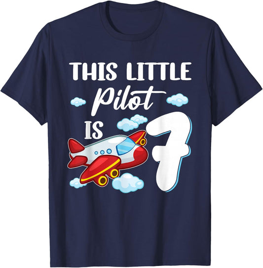 This little Pilot is 7 year old Kids Airplane 7th Birthday T-Shirt - T-Shirt | Navy