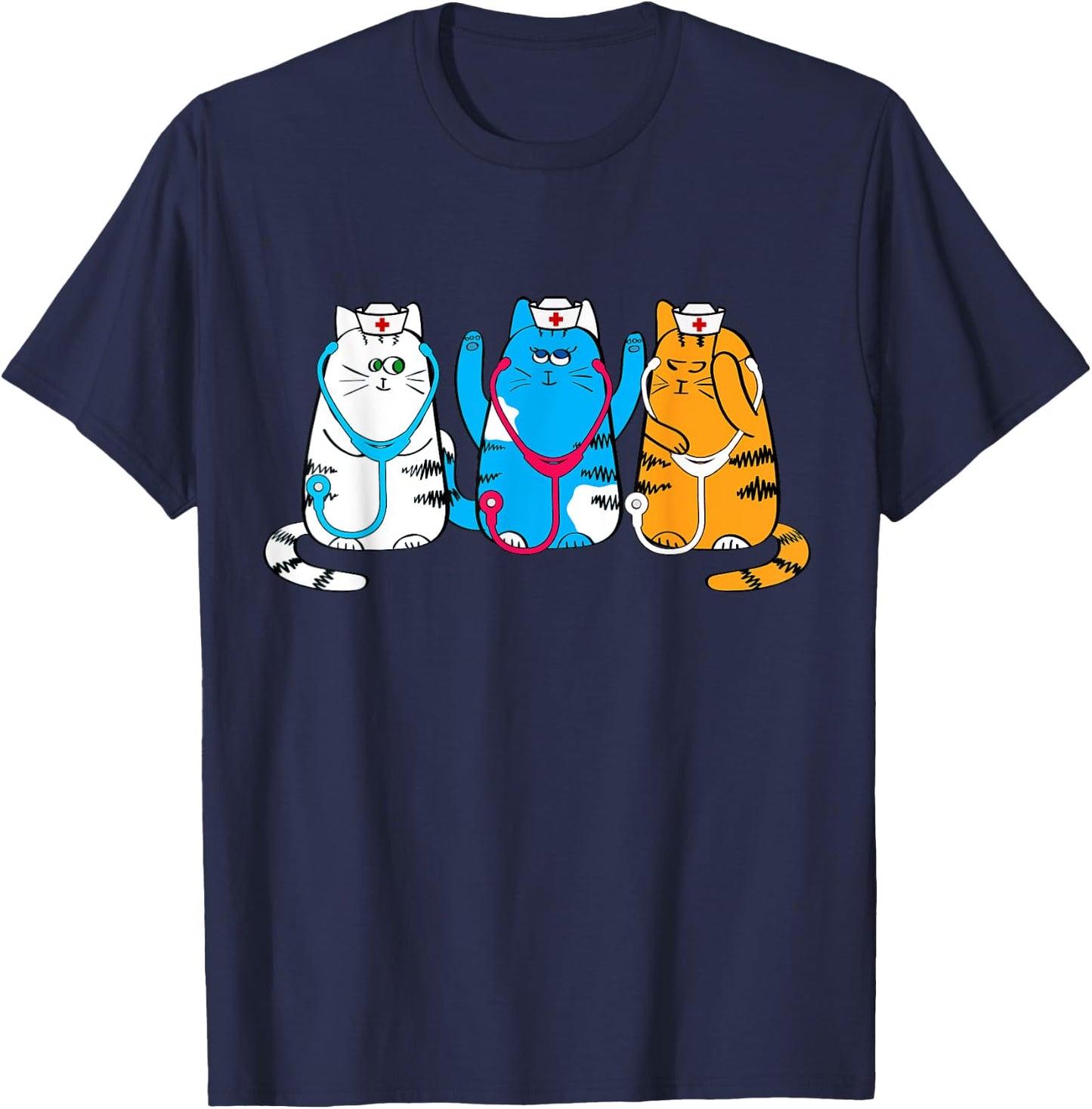 Nurse Cats Cute Nurse Practitioners with Stethoscope Art T-Shirt - T-Shirt | Navy
