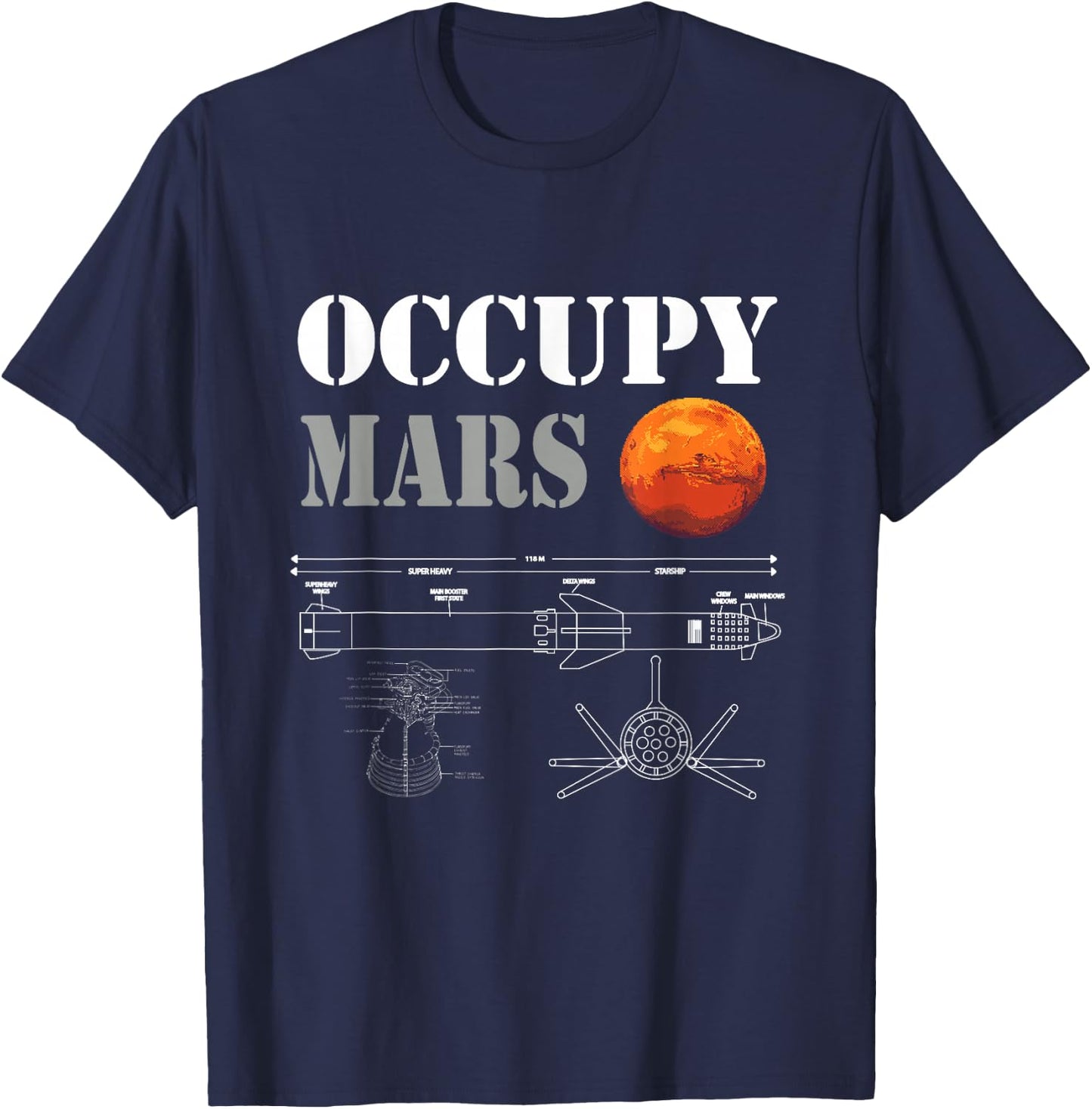 Occupy Mars Space Rocket Blueprint T-Shirt - T-Shirt | Navy