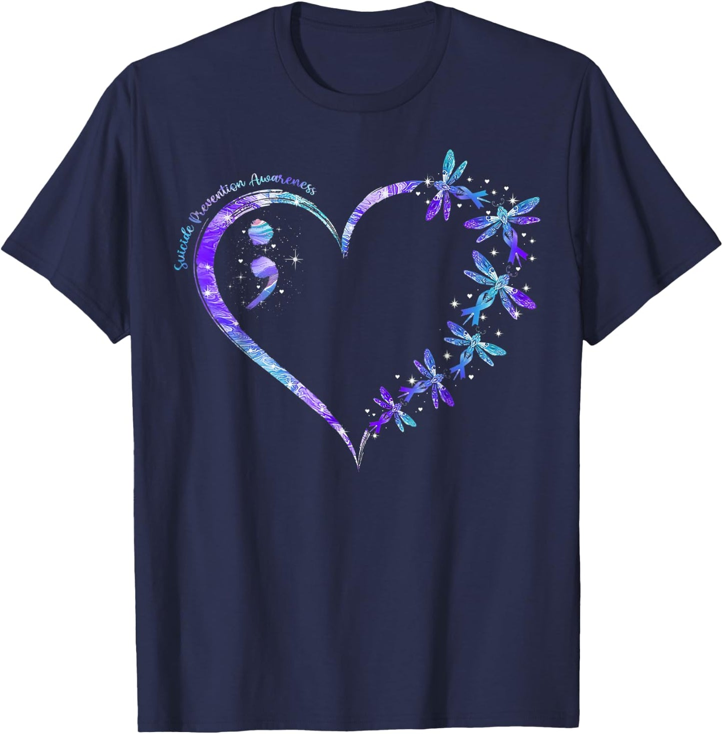 Suicide Prevention Awareness Week Heart Semicolon Dragonfly T-Shirt - T-Shirt | Navy