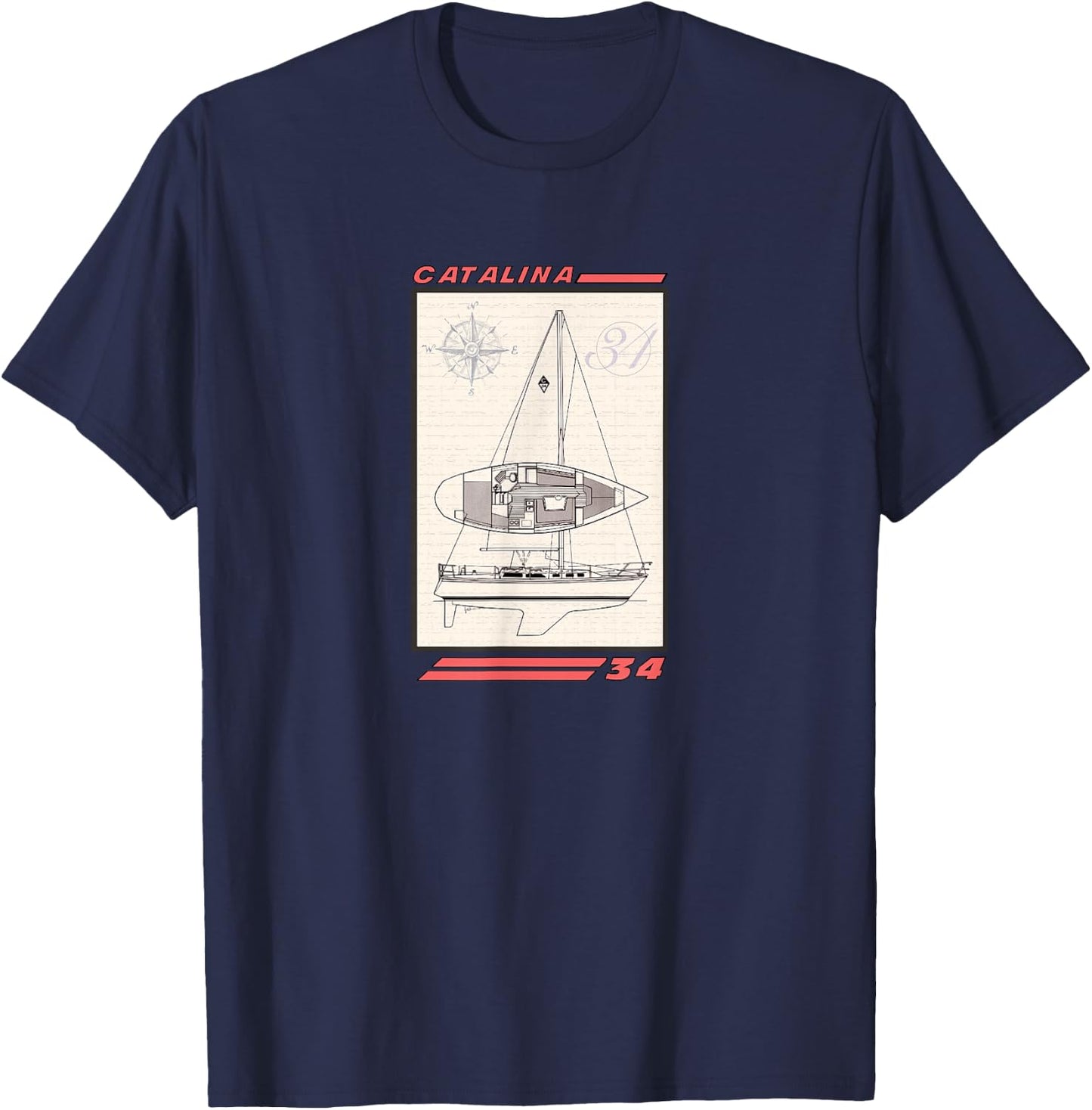Catalina 34 Sailboat Line Drawing T-Shirt - T-Shirt | Navy