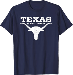 Vintage Texas Distressed Est. 1845 Longhorn Bull T-Shirt - T-Shirt | Navy