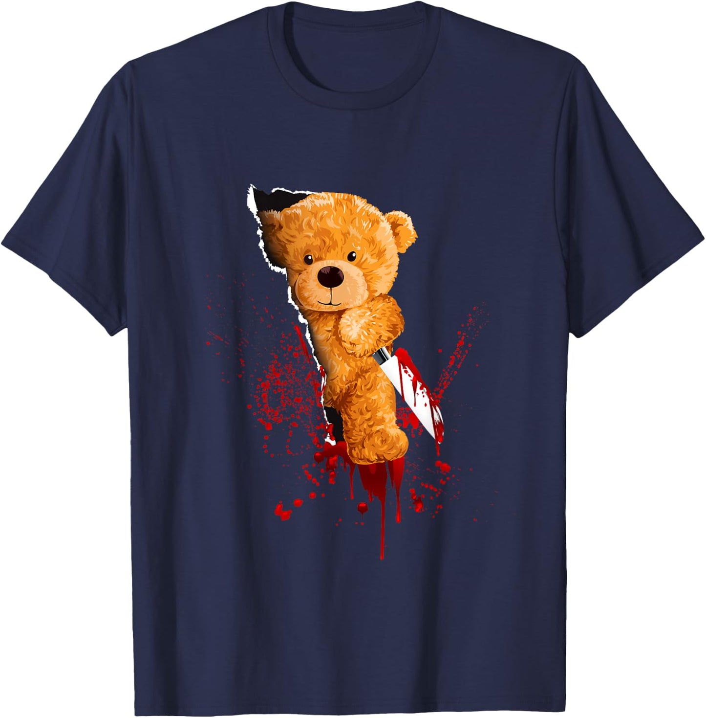 Horror Teddy Bear Cuts Through Fabric Halloween Blood Fun T-Shirt - T-Shirt | Navy