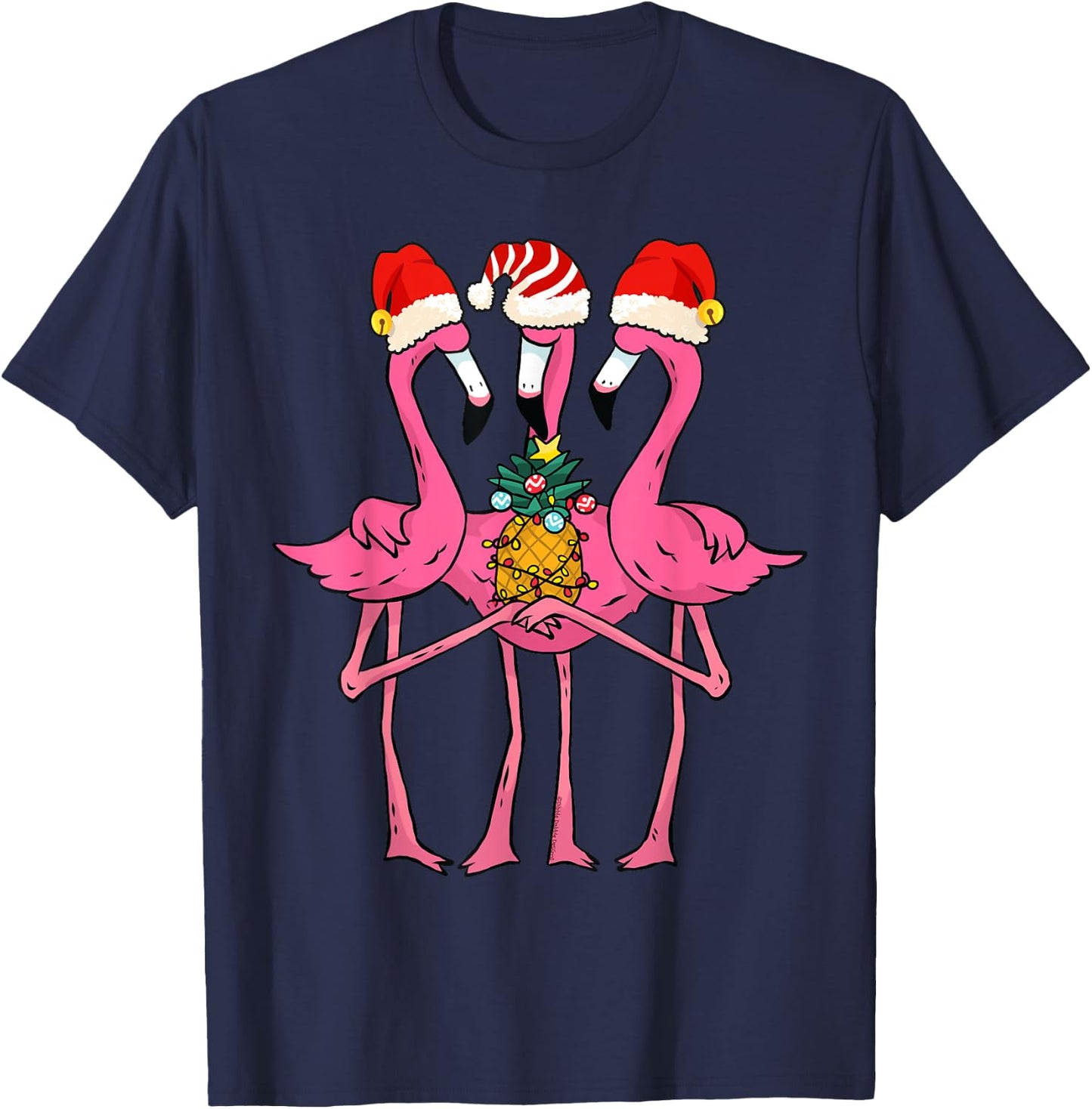 Cute Tropical Flamingos and Pineapple Christmas in July T-Shirt - T-Shirt | Navy