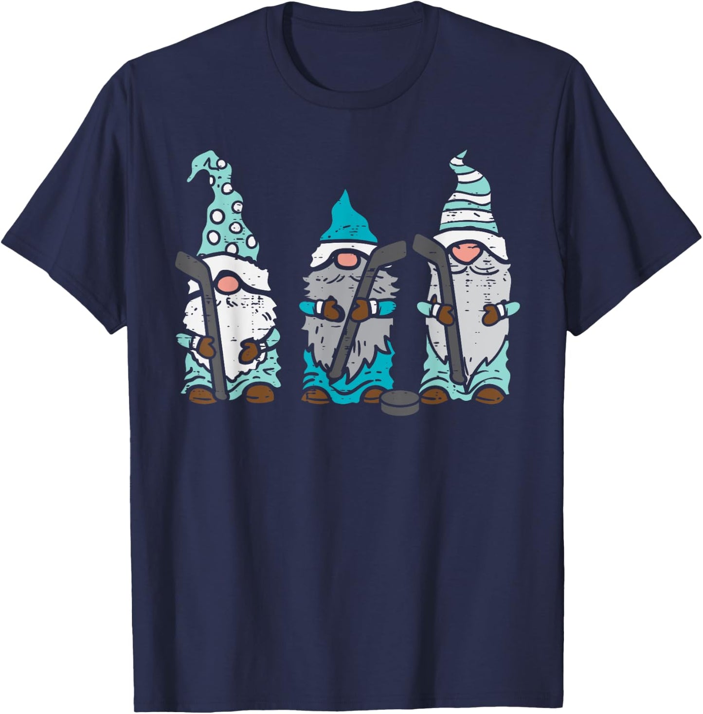 Three Nordic Gnomes Ice Hockey Tomte Nisse Player Goalie T-Shirt - T-Shirt | Navy