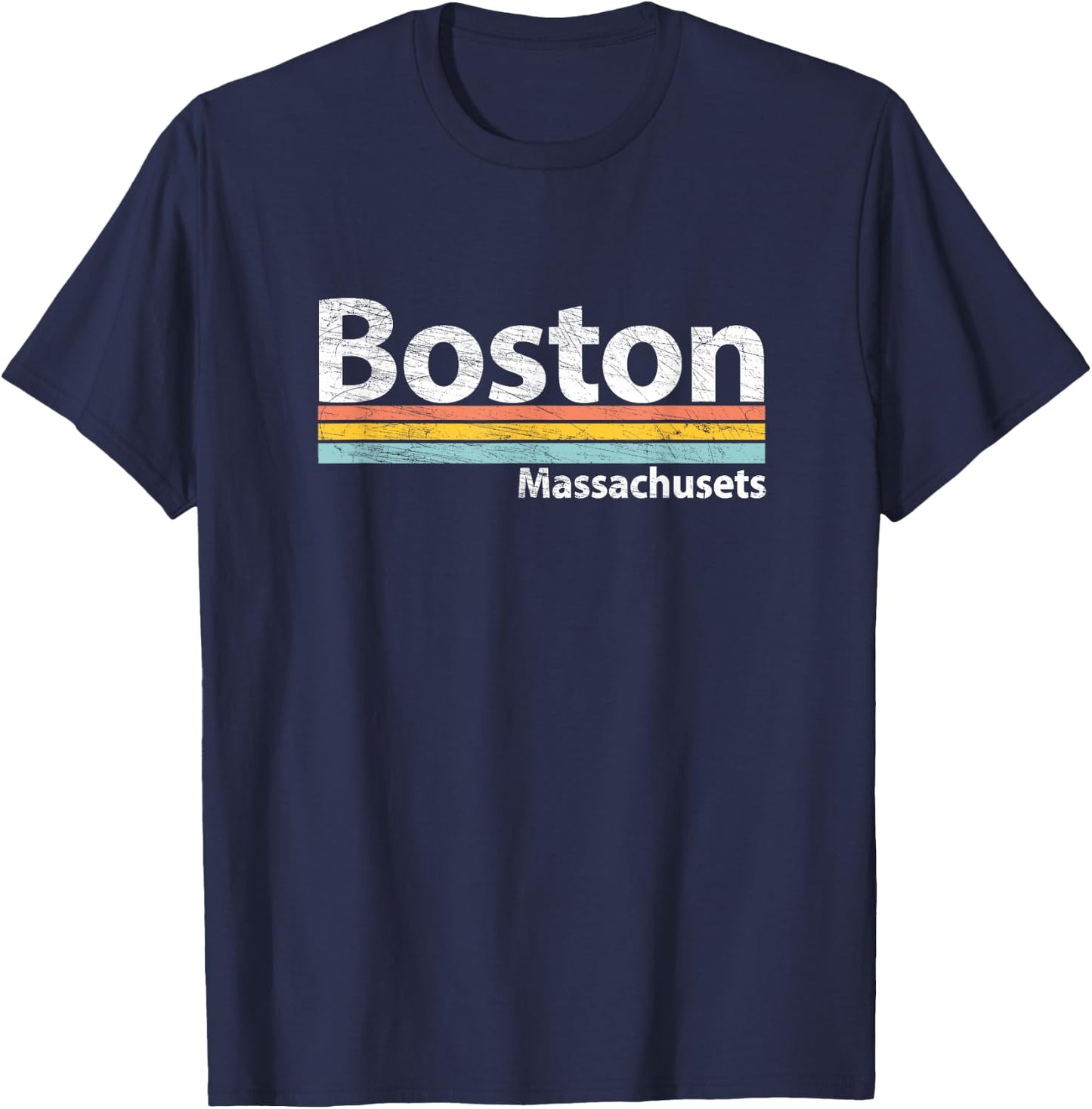 Boston - Massachusetts - Worn Design Retro Stripes - Classic T-Shirt - T-Shirt | Navy