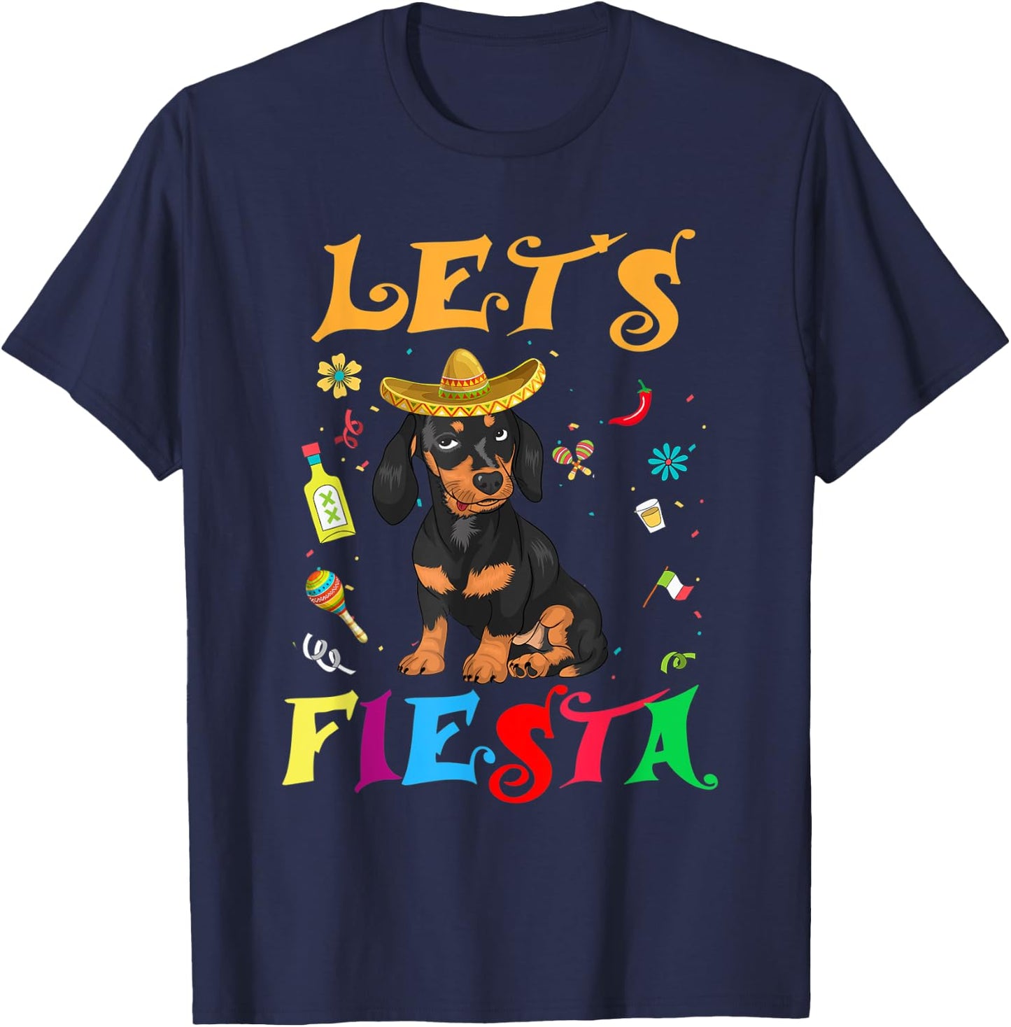 Let's Fiesta Sombrero Dachshund Dog Mexican Cinco De Mayo T-Shirt - T-Shirt | Navy