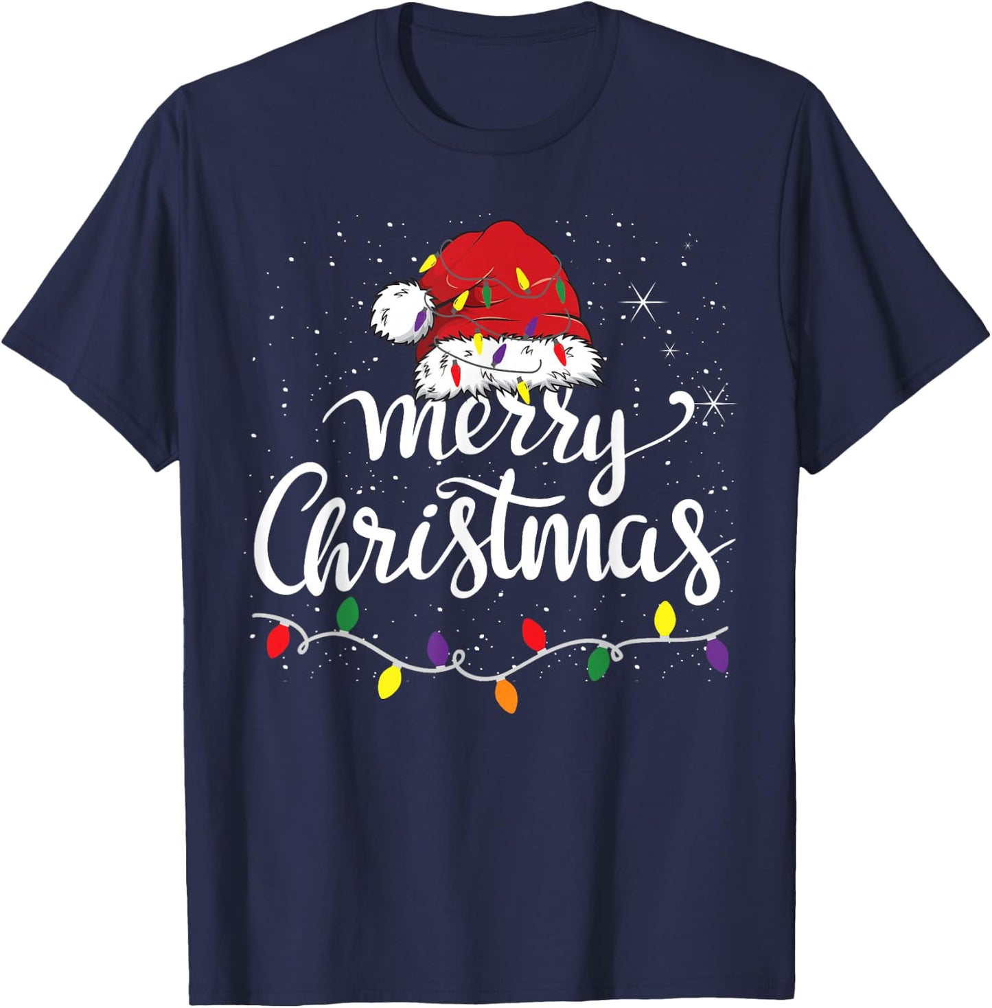 Merry Christmas Lights Red Santa Hat Xmas Family Men Women T-Shirt - T-Shirt | Navy