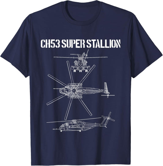 Super Stallion Schematic Military Helicopter CH-53 T-Shirt - T-Shirt | Navy