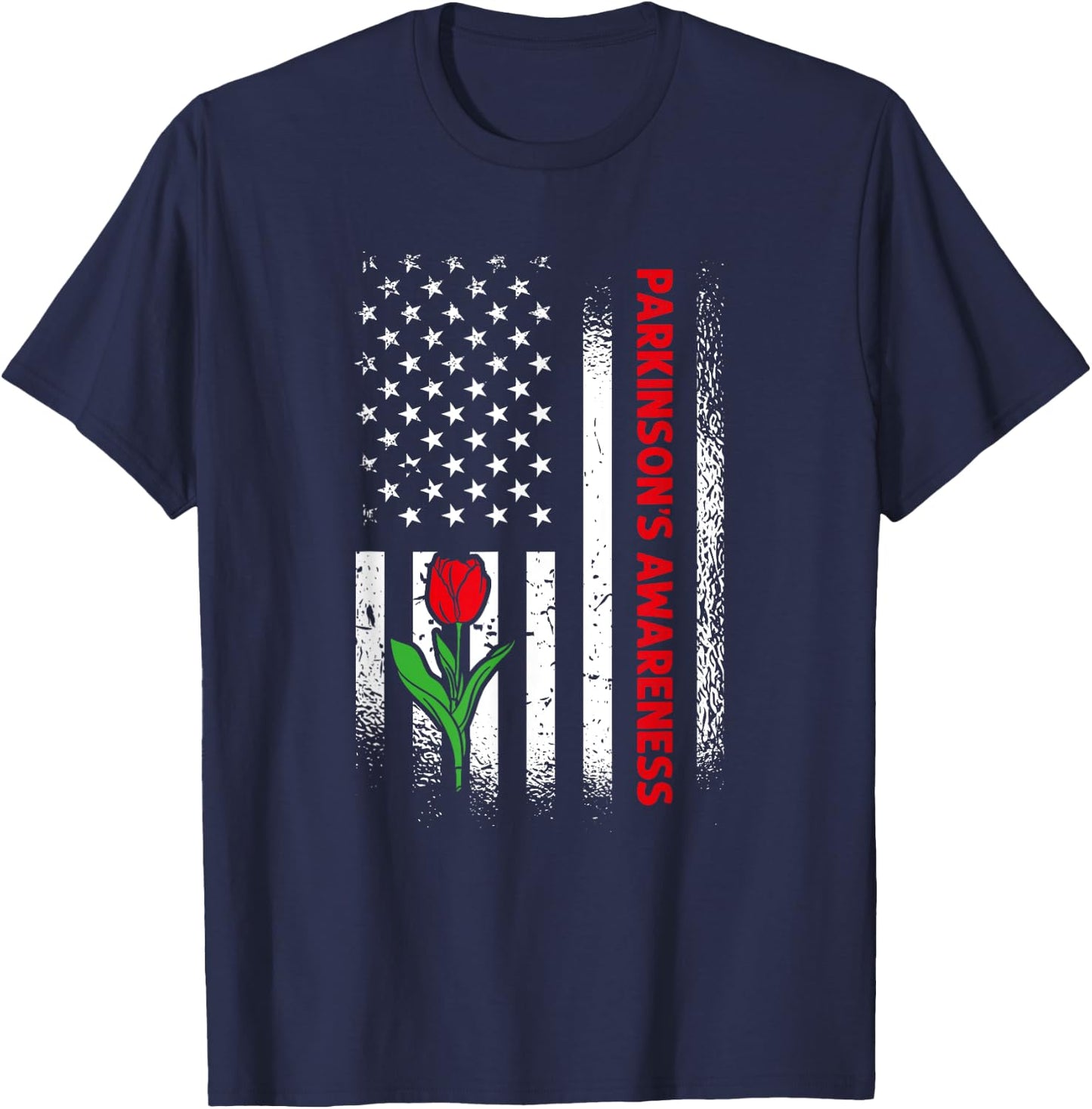 US Flag Red Tulip Parkinson's Awareness T-Shirt - T-Shirt | Navy