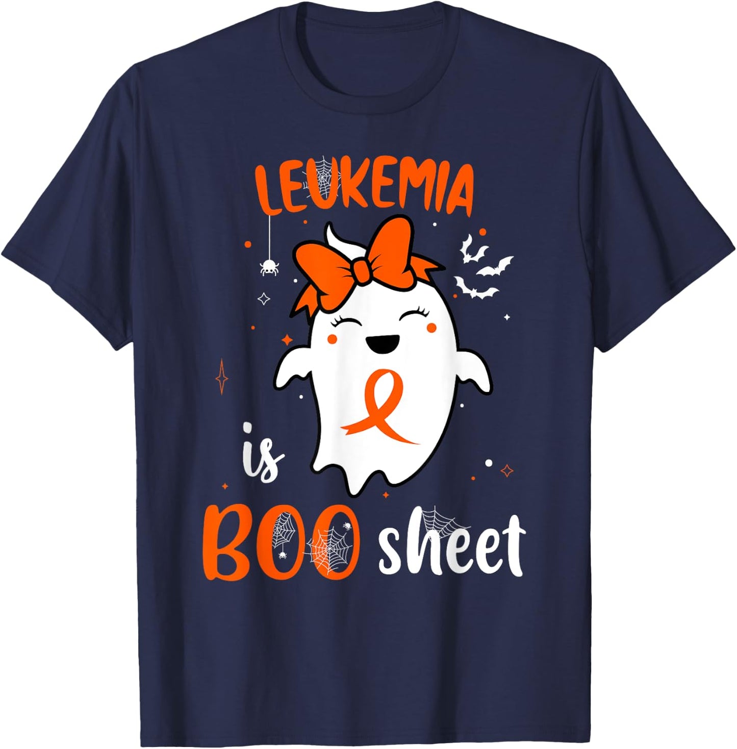 Leukemia is Boo Sheet Halloween Cute Ghost Orange Ribbon T-Shirt - T-Shirt | Navy