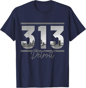 Detroit 313 Area Code Skyline Michigan Vintage T-Shirt - T-Shirt | Navy