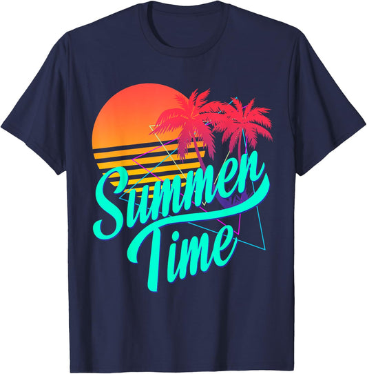 Summer Time - Retro 80s Beach Scene with Palm Trees & Sunset Men Women Kids T-Shirt - T-Shirt | Navy