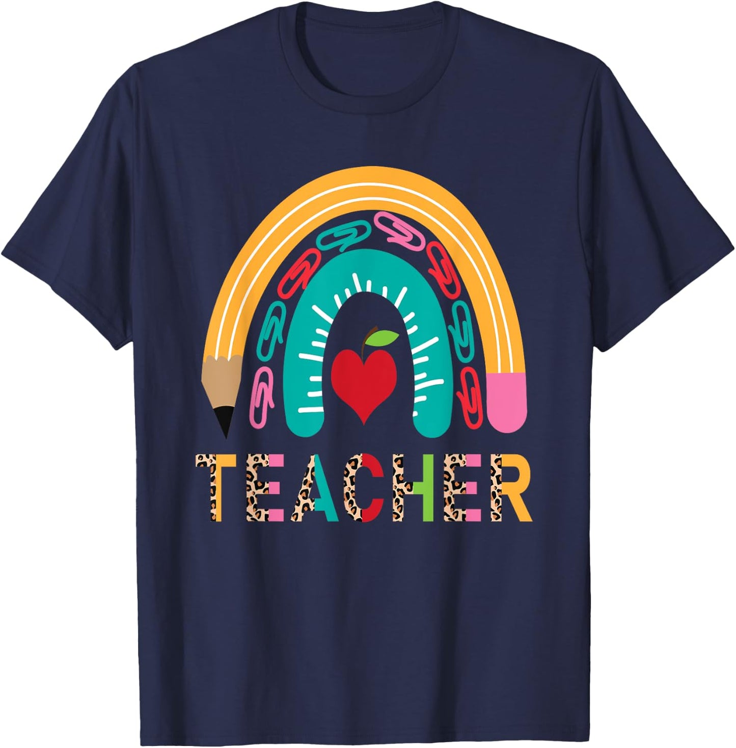 Pencil Rainbow Leopard Teacher Back To School T-Shirt - T-Shirt | Navy