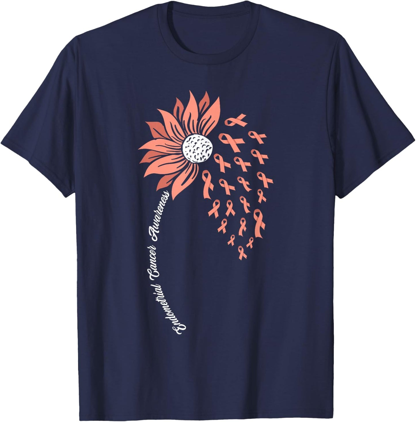 Sunflower Peach Ribbon Support Endometrial Cancer Awareness T-Shirt - T-Shirt | Navy