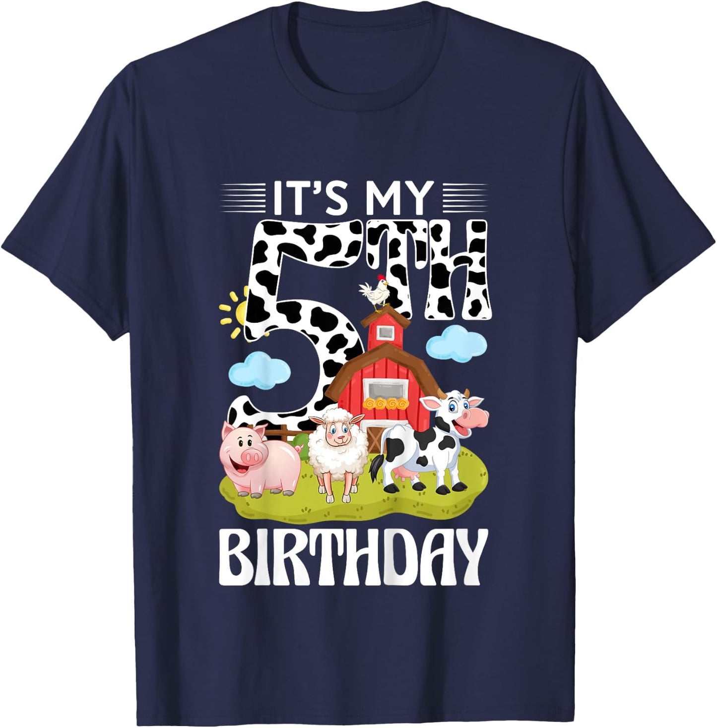 Cute It's My 5th Birthday 5 Years Old Farm Theme 5th B-day T-Shirt - T-Shirt | Navy