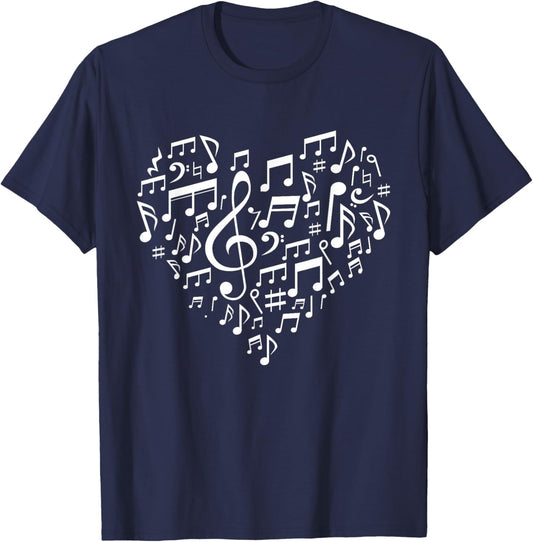 Heart Shape Musical Notes Music Lovers Gift Valentines Day T-Shirt - T-Shirt | Navy