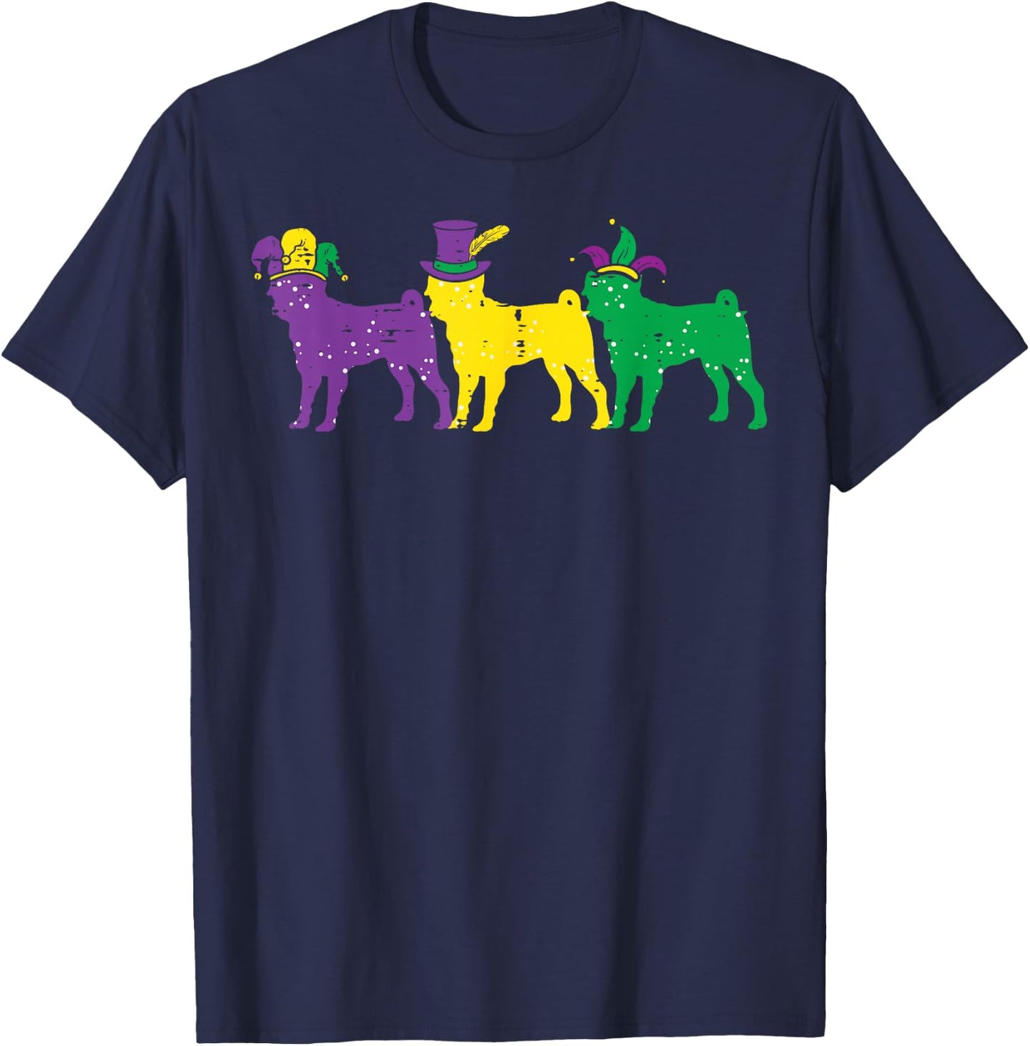 Pug Dogs Purple Yellow Louisiana Mardi Gras Women Men Kids T-Shirt - T-Shirt | Navy