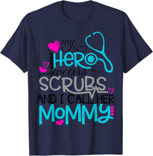 My Hero Wears Scrubs I Call Her Mommy Nurse Shirt Kids RN T-Shirt - T-Shirt | Navy