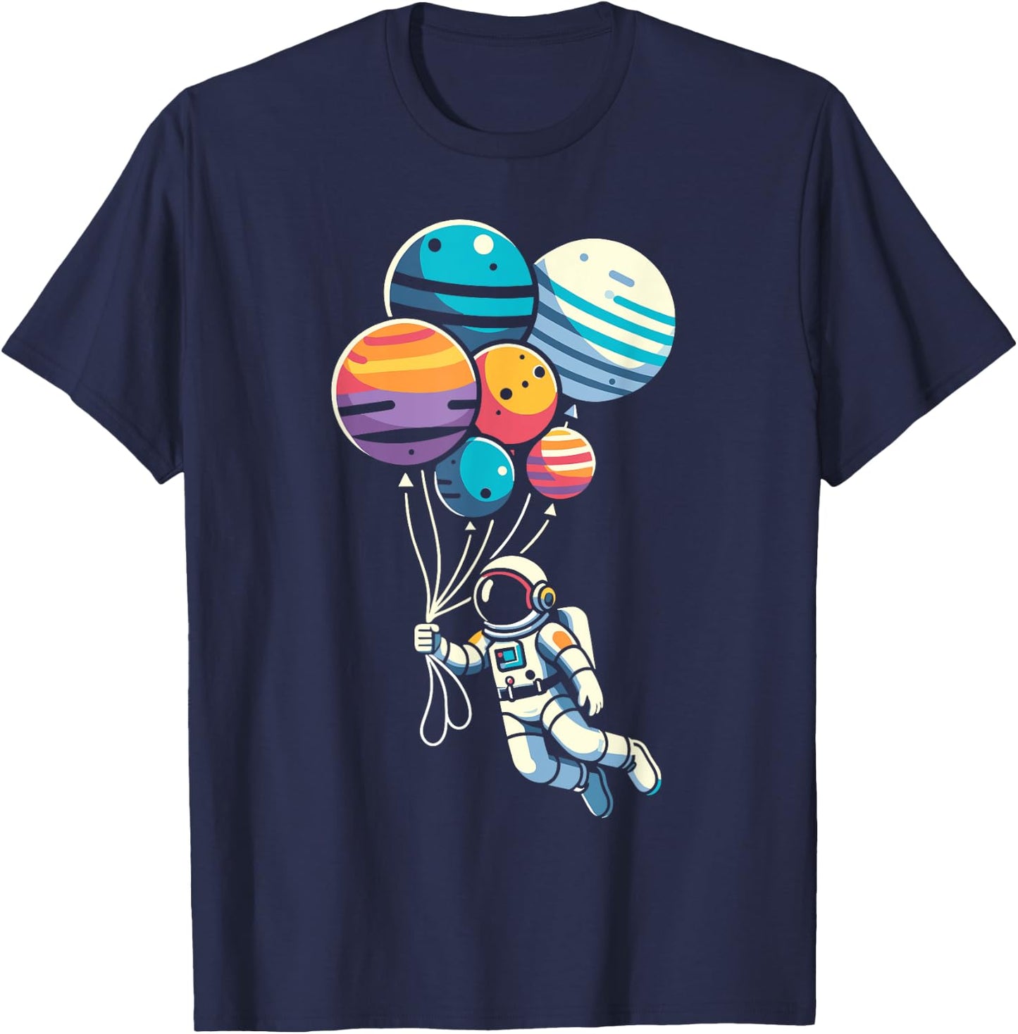Astronaut Holding Planet Balloons Floating Space Funny T-Shirt - T-Shirt | Navy