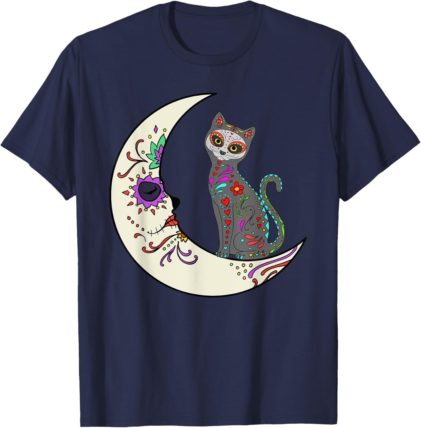 Day Of Dead Cat On The Moon Love Mexican Cat Sugar Skull Women Kids T-Shirt - T-Shirt | Navy