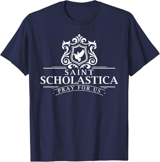 St Scholastica Benedict Catholic Saints Benedictine Pray Us T-Shirt - T-Shirt | Navy