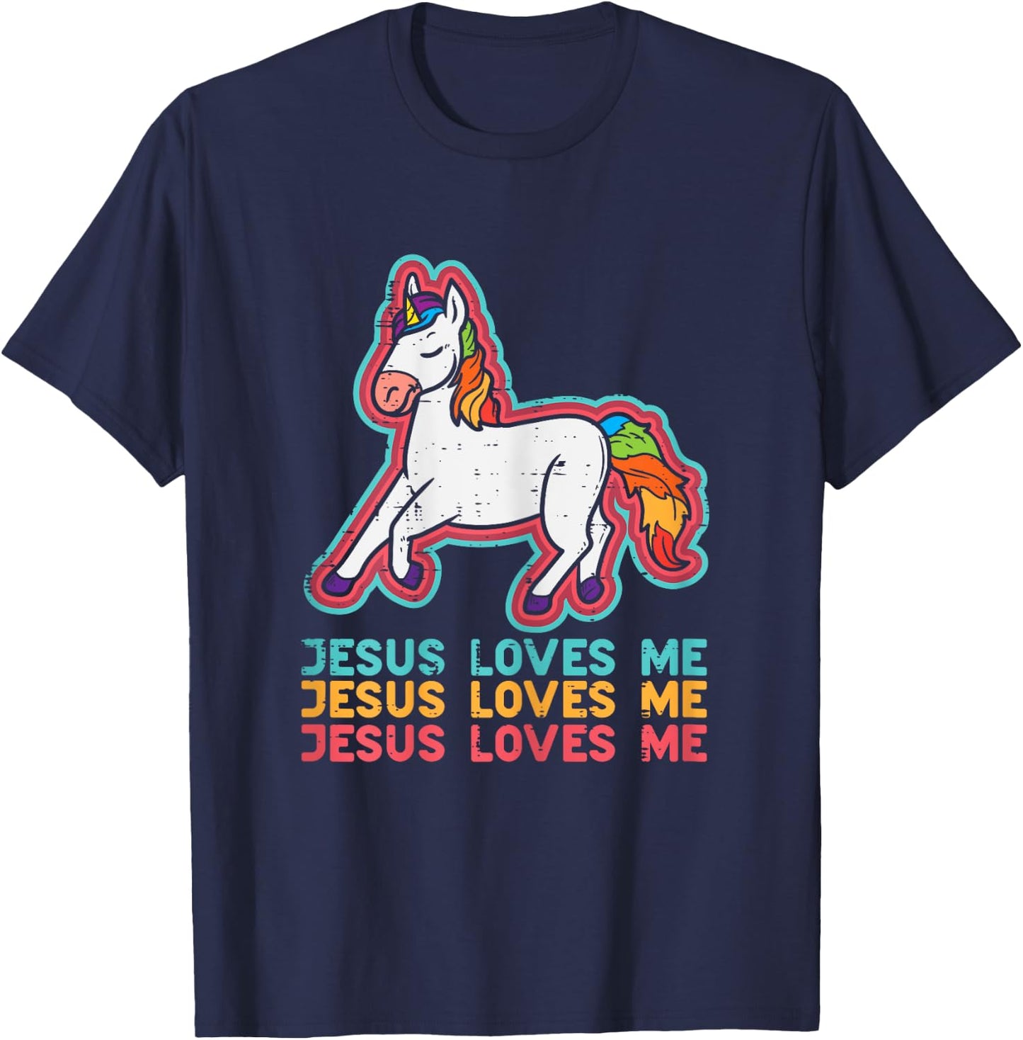 Unicorn Jesus Loves Me Catholic God Christian Women Girls T-Shirt - T-Shirt | Navy