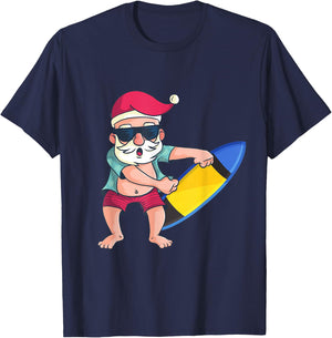 Santa Surfboard Christmas In July Xmas Tropical Surfing T-Shirt - T-Shirt | Navy